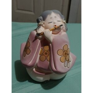 Hakata Urasaki Japanese Clay Doll Flute Player Pink Kimono Figurine 4.5 inch